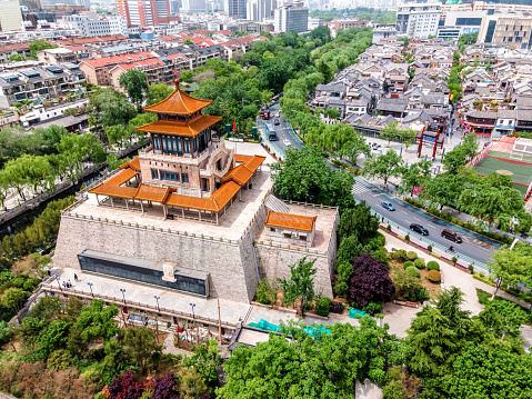 Aerial photo of Jiefangge, a historic building in Jinan, Shandong Province