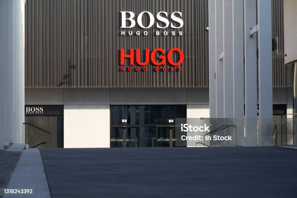 Klooster ga verder kas Hugo Boss Letters On A Dark Facade Shopping In The Outlet City Metzingen  Stock Photo - Download Image Now - iStock
