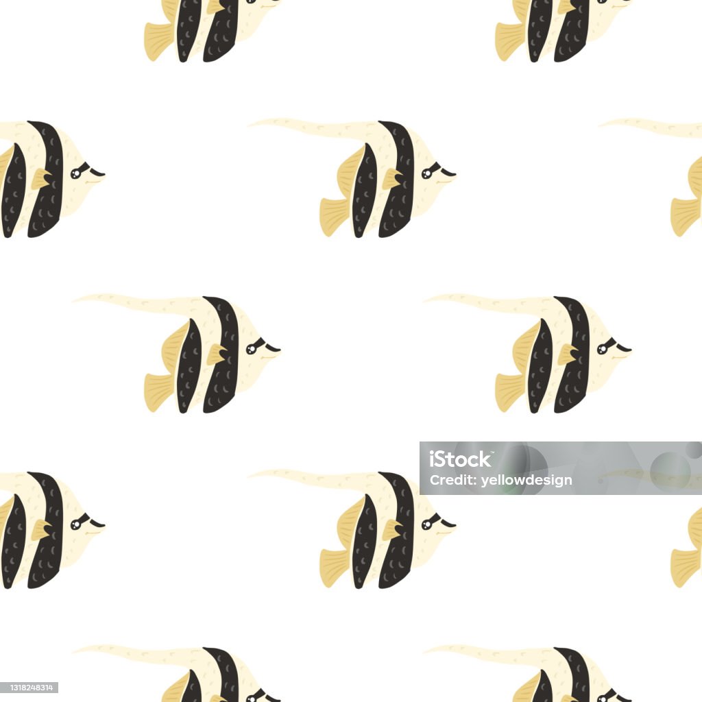 Simple Angelfish Shape Underwater Seamless Pattern With Doodle Imperial Angelfish Shapes White ...