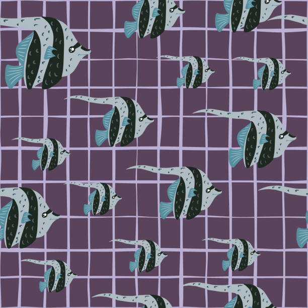 ilustrações de stock, clip art, desenhos animados e ícones de hand drawn random imperial angelfish shapes seamless pattern. purple chequered background. - imperial angelfish