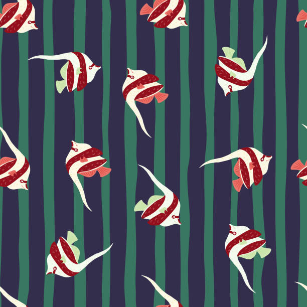 ilustrações de stock, clip art, desenhos animados e ícones de nature seamless pattern with random decorative imperial angelfish print. blue and green striped background. - imperial angelfish