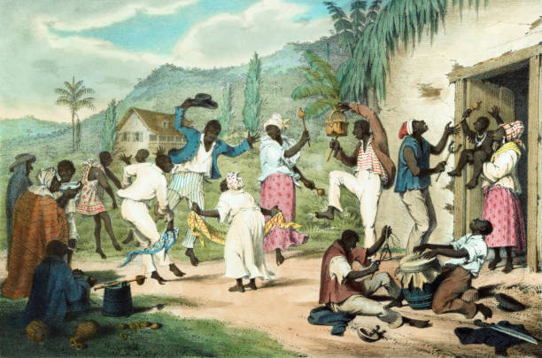 African Trinidadians Dancing and Singing Vintage illustration features African Trinidadians playing music and dancing. social history illustrations stock illustrations