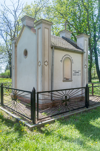 Tomb of the Wessel family in Steblewo, Poland. I am a guest on earth inscription on German language on chapel.
