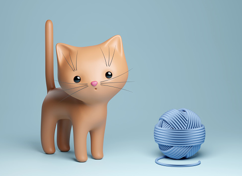 Cute kitten with ball of yarn. 3d render