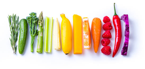 istock Rainbow colored fruits and vegetables on white background 1318251971