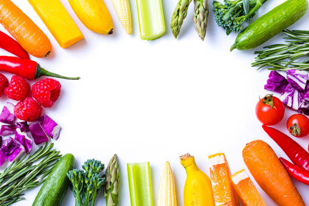 istock Rainbow colored fruits and vegetables frame on white background 1318251972