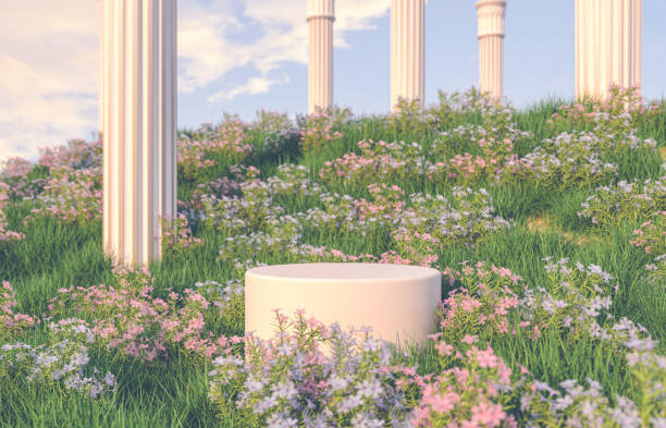 istock Natural beauty podium backdrop with spring flower field scene. 1318253537