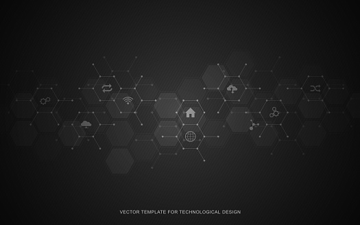 Technological background with flat icons and symbols. Concept and idea for the internet of things, communication, network, innovation technology, system integration. Vector illustration.