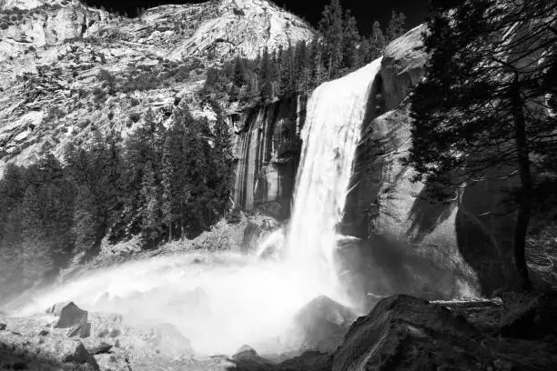Photo of Wide angle view of Yosemite Valley's Vernal Fall in Black and white, Springtime, California