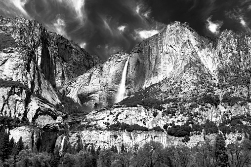 Upper and Lower Yosemite Falls at Yosemite National Park in Black and White