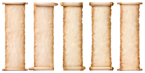 コレクションセット古いパーチメント紙のスクロールシートヴィンテージ熟成またはテクスチャは白い背景に分離 - scroll ストックフォトと画像