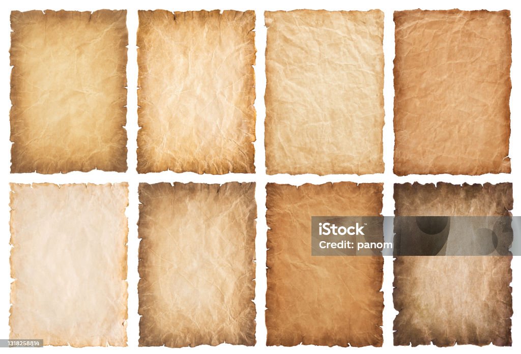 collection set old parchment paper sheet vintage aged or texture isolated on white background collection set old parchment paper sheet vintage aged or texture isolated on white background. Paper Stock Photo