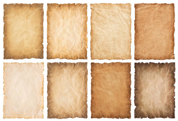 collection set old parchment paper sheet vintage aged or texture isolated on white background collection set old parchment paper sheet vintage aged or texture isolated on white background. papyrus paper photos stock pictures, royalty-free photos & images