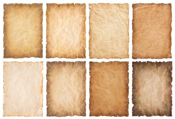 collection set old parchment paper sheet vintage aged or texture isolated on white background - parchment imagens e fotografias de stock