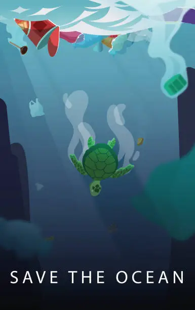 Vector illustration of Sea Turtle trying to escape from the oceans pollution.