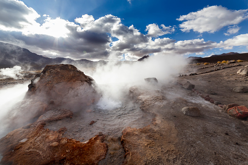 View of El Tatio geysers at sunrise , near San Pedro de Atacama, Chile.