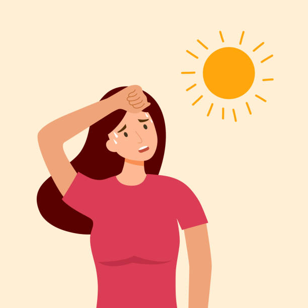 kobieta cierpiąca na ciepło i spocone odwodnienie od silnego światła słonecznego w płaskiej konstrukcji. gorący klimat w lecie. - temperature hot stock illustrations