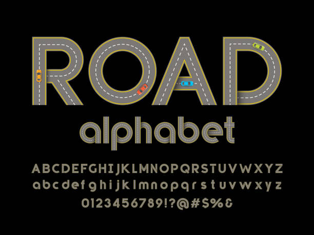 road font Road style alphabet design with uppercase, lowercase, numbers, symbols and vehicles road stock illustrations