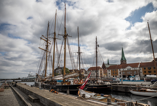Beautiful old sailing ships in Helsingør harbor, Denmark