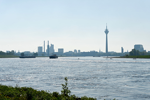 Duesseldorf, Germany, May 13, 2021 -The skyline of Düsseldorf seen from Oberkassel with a view across the Rhine to the Media Harbor, the State Parliament and the \