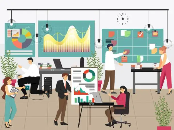 Vector illustration of Office people workflow process. Presentation. Scrum kanban board. Teamwork agile project management, vector illustration