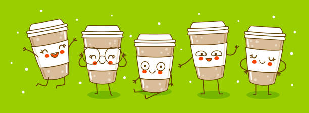 istock Horizontal border with cute coffee cups on green background - cartoon characters for funny design 1318262454