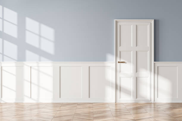 istock Empty white and blue interior with doors and parquet floor, mockup 1318263633