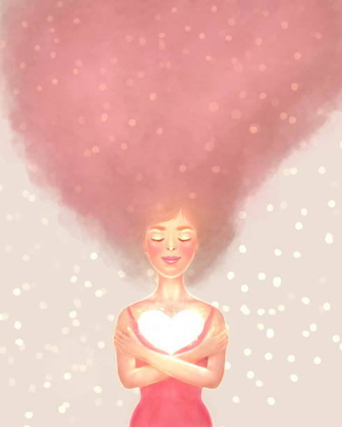 Self-love. Self-respect and self-acceptance, self-respect. Woman hugging herself with sparkling glowing heart and cute elegant background. Place for text Self-love. Self-respect and self-acceptance, self-respect. Woman hugging herself with sparkling glowing heart and cute elegant background. Place for text self love stock illustrations