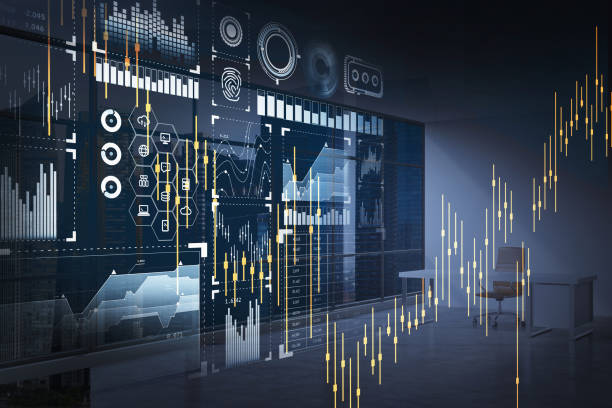 istock Digital interface with icons of hud hologram and candlestick 1318264382