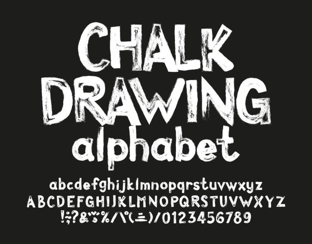분필 그리기 알파벳 글꼴. 손으로 그린 대문자 와 소문자, 숫자와 문장 부호. - alphabetical order alphabet abc chalk stock illustrations