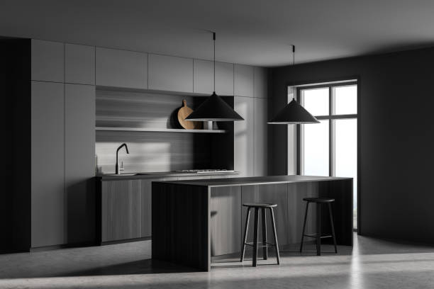 istock Corner view of dark kitchen room interior with dining table 1318264726