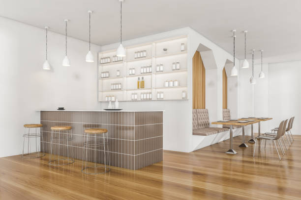 istock Wooden cafe interior with bar counter and cupboard, sofa with table and chairs 1318264734