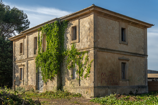 Building of the old treian station in the town of Porreres abandoned with ivy on its facade on a sunny morning. Island of Mallorca, Spain