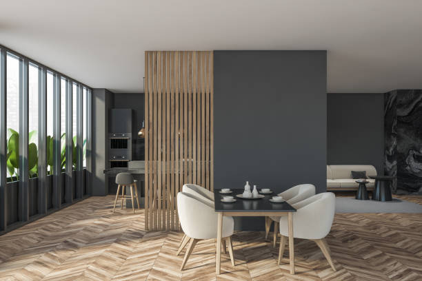 istock Dark modern dining room interior with panoramic window and partition 1318265716