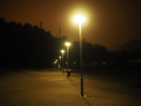 Night landscape with street lamps illuminating the street, the orange sky due to light pollution