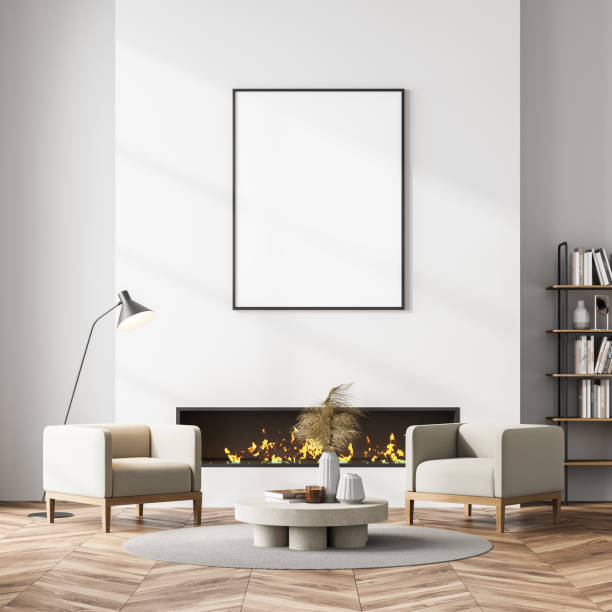 istock White room interior with fireplace, armchairs and lamp, mockup poster 1318266669