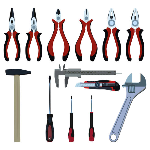 Work tools. Wire cutters, combination, needle nose pliers, wrench screwdriver cutter knife vernier caliper hammer vector Work tool set, flat vector isolated illustration. Wire cutters, combination pliers, needle nose pliers, wrench, screwdrivers, cutter knife, vernier caliper, hammer. Electrician, repairman hand tools. vernier calliper stock illustrations