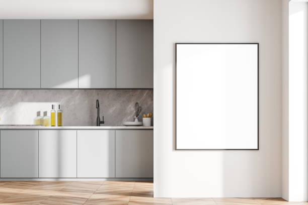 istock Bright contemporary kitchen room interior with empty white poster 1318266745