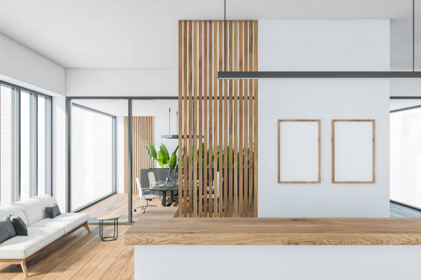 istock Bright modern minimalist office room interior with two empty poster 1318266763