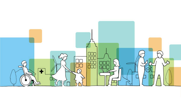 линейный рисунок городского пейзажа с людьми - district type stock illustrations