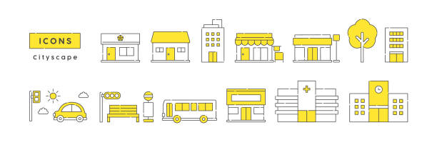 ilustrações de stock, clip art, desenhos animados e ícones de a set of cute cityscape illustrations. vector icons. - ônibus de dois andares