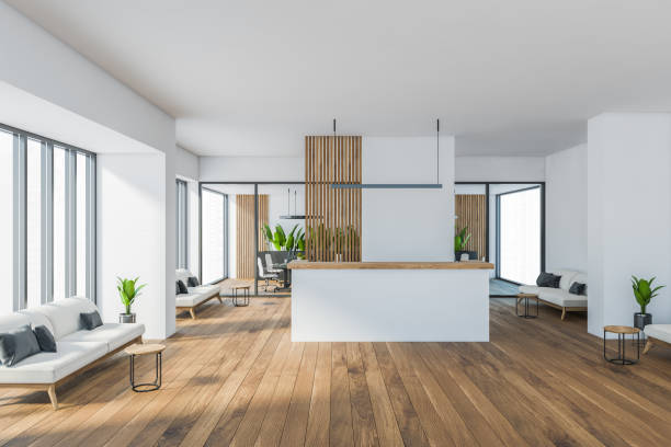 istock Bright modern minimalist office room interior with reception desk 1318268097