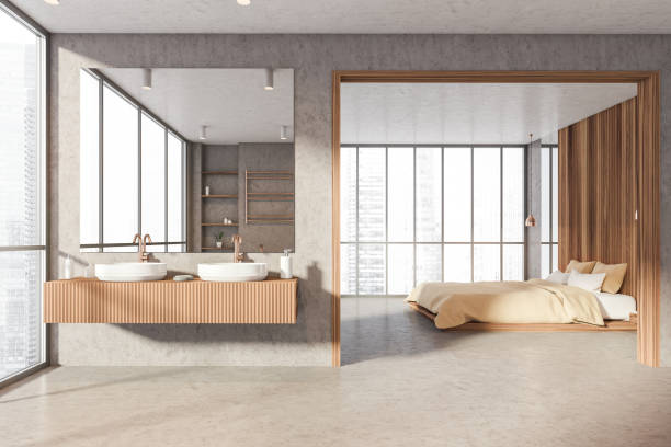 istock Living room interior with bedroom and two sinks, panoramic window with city view 1318268152