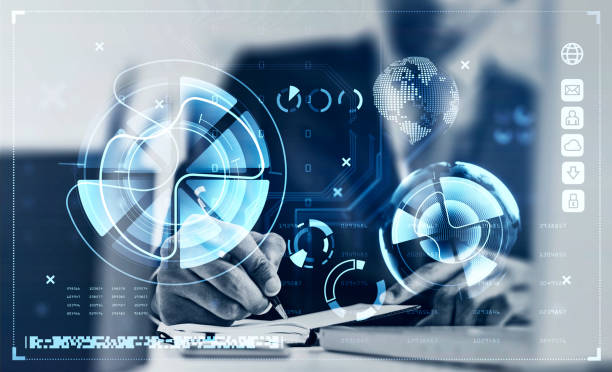 istock Businessman hand with notebook, digital hud with earth globe and pie chart 1318268188