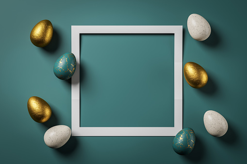 Mockup canvas poster in white frame, coloured eater eggs on green background. Easter painted eggs decoration, different colours. Holiday background picture, 3D rendering