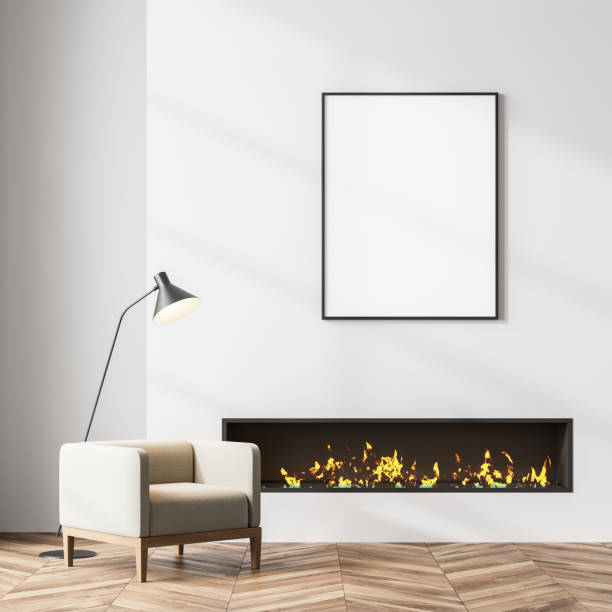 istock Living room interior with white empty poster and fireplace 1318268255