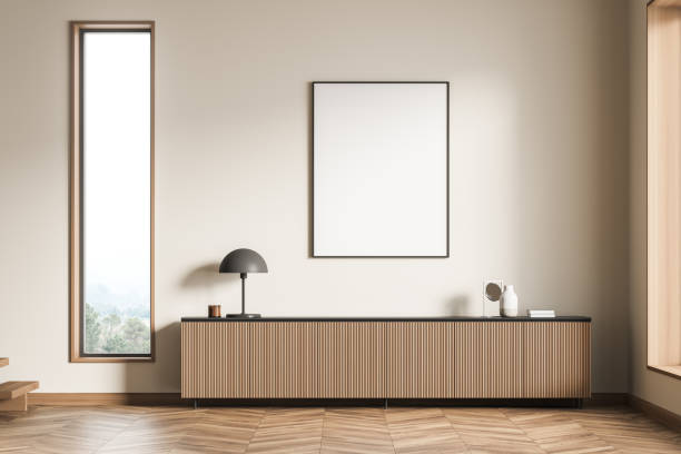 istock Modern Living Room Interior with frame over wooden commode. Mock up poster art. 3d rendering 1318268263