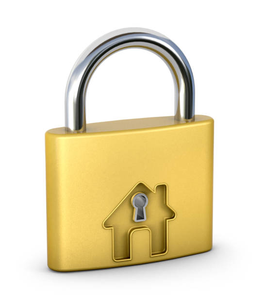 istock Engraved home shape on a golden lock. Safety concept. 3d illustration. 1318268345