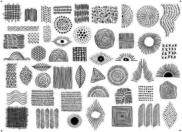 абстрактный черный цвет геометрической линии точек и кривые формы искусства и формы, пятнистый набор каракулей, изолированные векторные и� - striped pattern curve squiggle stock illustrations
