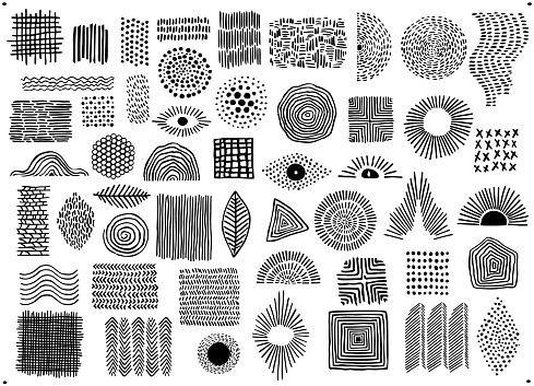 abstract black color geometric dot  line and curves clustered art shapes and forms, spotted doodles set, isolated vector illustration graphics